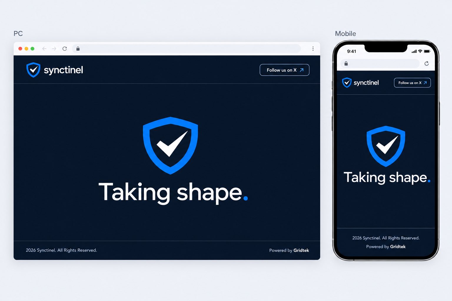 The Synctinel holding page on desktop and mobile